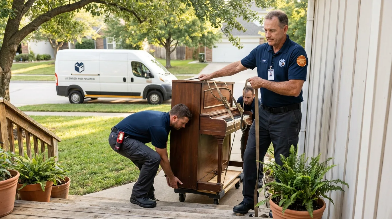 Licensed piano movers securing grand piano in Spencer, TN