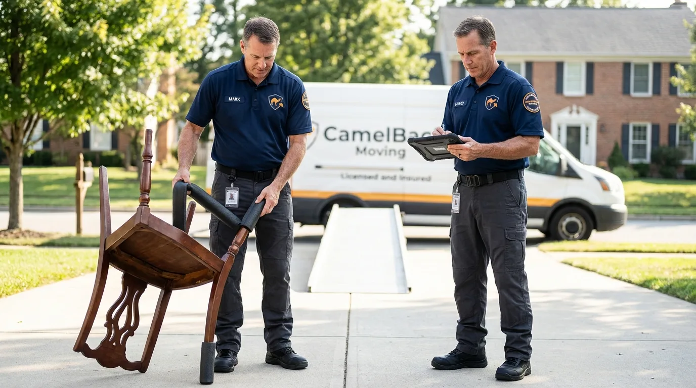 Movers inspecting furniture for damage prevention before loading in Spencer, TN