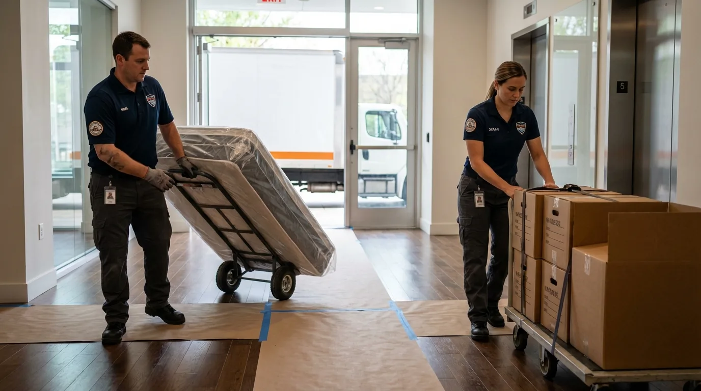 Professional apartment movers loading elevator in Spencer, TN